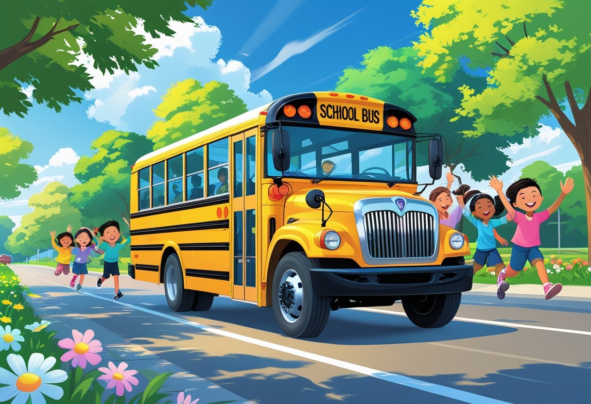 A yellow school bus driving along a sunny street with children waving from the windows and trees in the background.