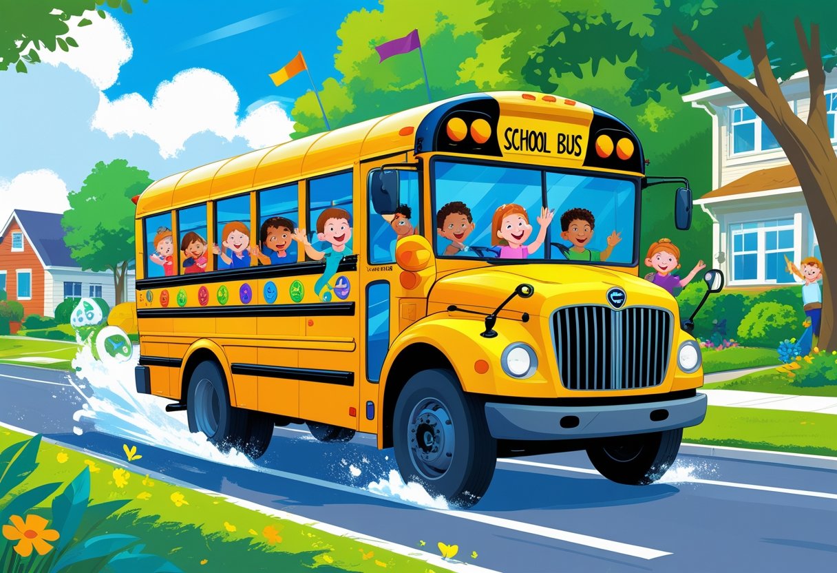A colourful school bus with happy children inside driving through a sunny neighbourhood with trees and houses.