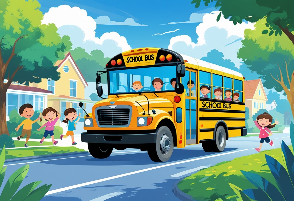 A colourful school bus driving through a neighbourhood with children looking out the windows and trees in the background.