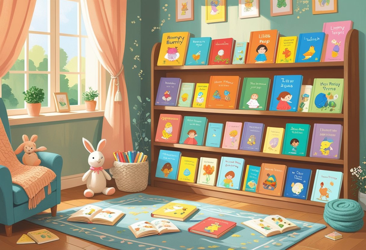 A cosy children's reading nook with a small bookshelf filled with colourful nursery rhyme books, a soft rug with open books, a comfy armchair with a blanket and a toy rabbit, and warm natural light coming through a window.