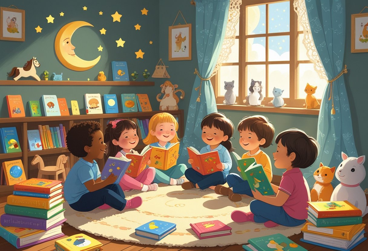 Children sitting on a rug listening to an adult reading nursery rhyme books in a cosy room with toys and a window showing the moon and stars.