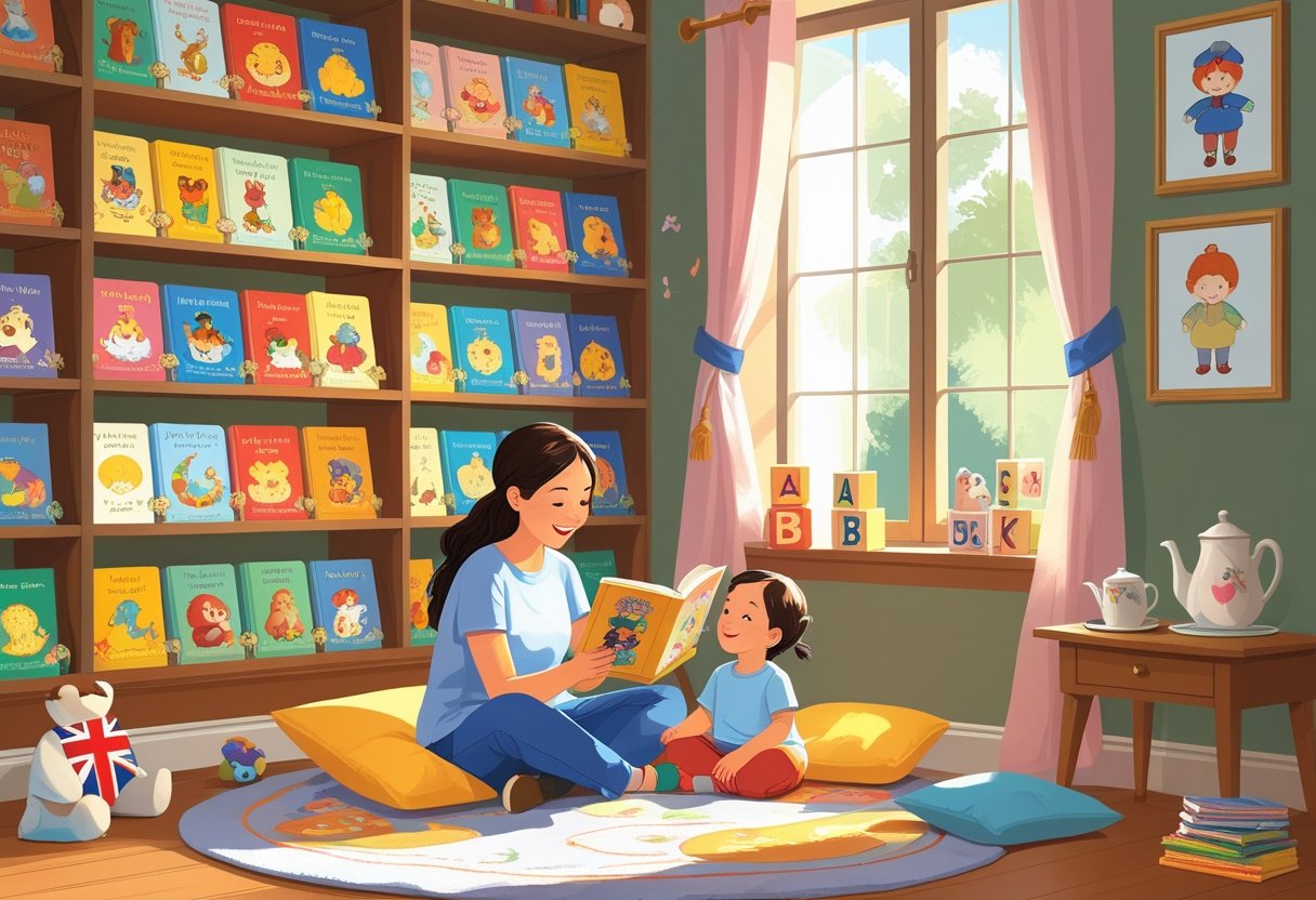 A parent reading a nursery rhyme book to a child in a cosy room filled with colourful children's books and toys.