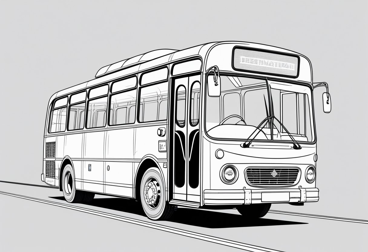 A detailed line drawing of a city bus viewed from the front side, showing its windows, doors, and wheels on a simple road.