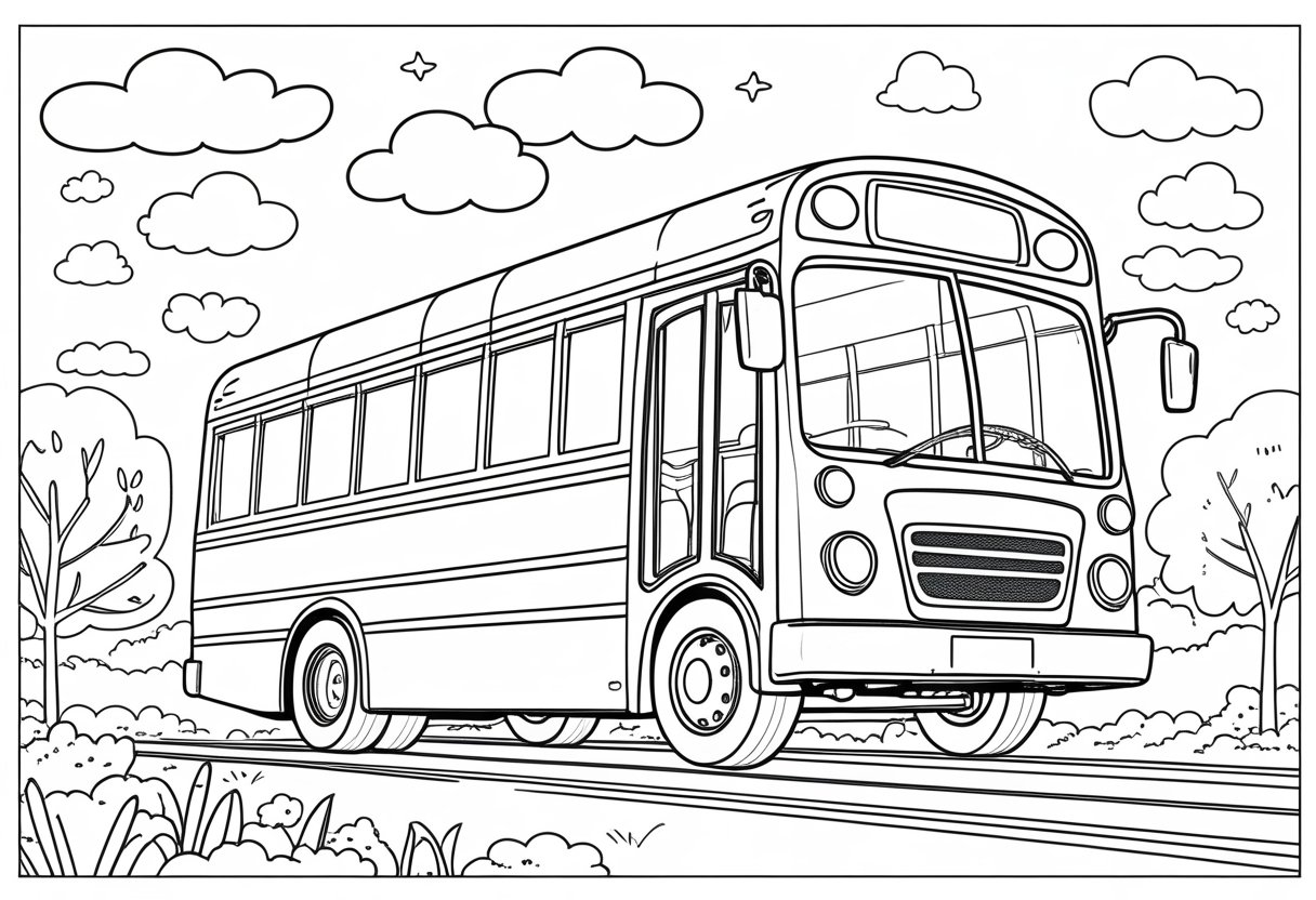 A side view of a large bus with clear outlines, surrounded by trees, clouds, and a road.