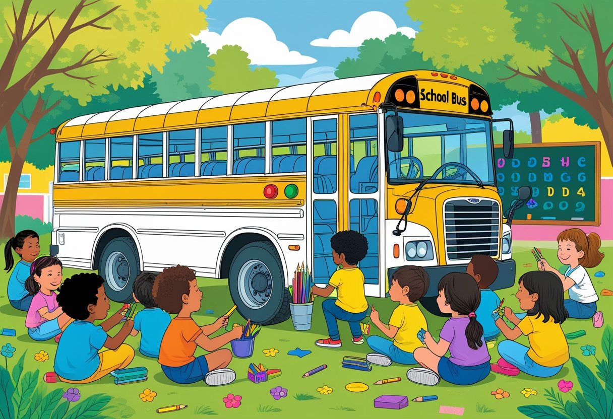 Children colouring a large school bus outline in a bright outdoor setting with educational symbols around them.