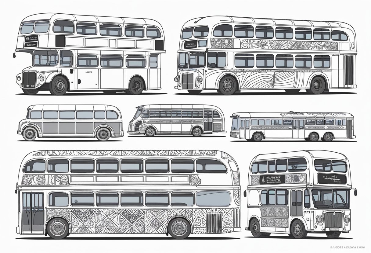 A collection of different bus designs with clear outlines and patterns arranged on a white background for colouring.