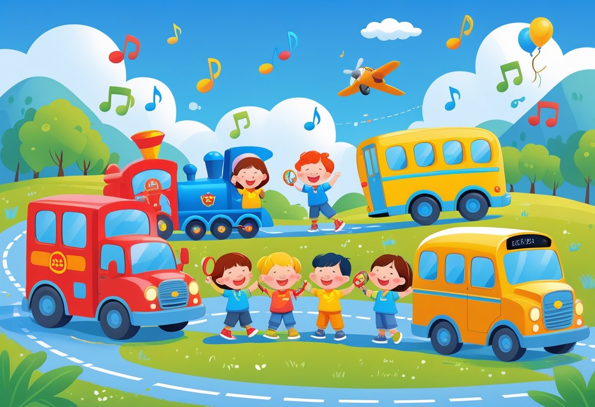 Toddlers playing and singing around colourful vehicles including a fire truck, train, school bus, and airplane in a sunny park with balloons and musical notes.