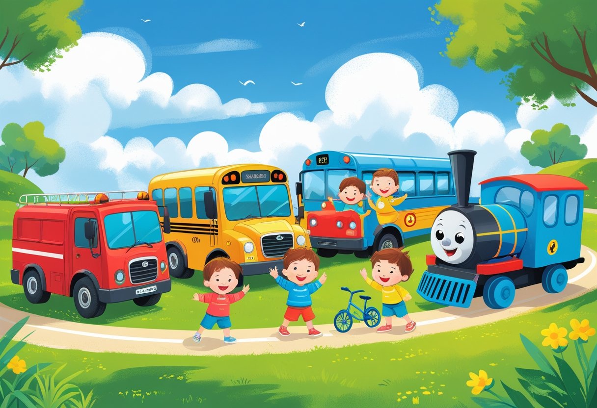 Toddlers playing outdoors with colourful vehicles including a fire truck, school bus, train, and bicycle on a sunny day.