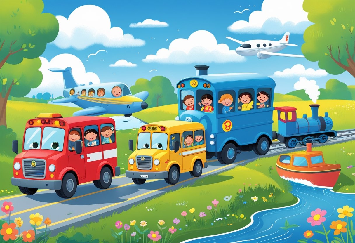A colourful scene showing a fire truck, school bus, train, airplane, and boat with children and animals enjoying a playful outdoor setting.