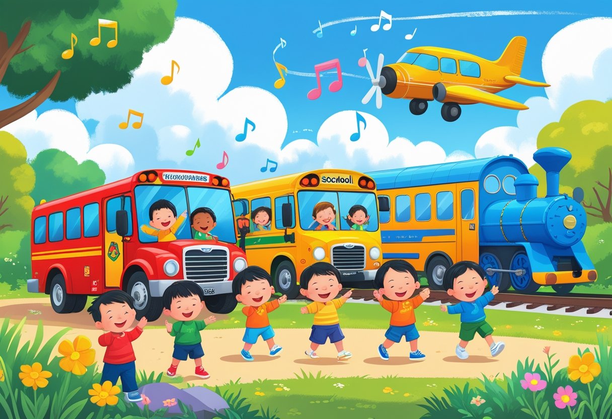 Toddlers playing and interacting happily with colourful transport vehicles like a fire truck, school bus, train, and airplane outdoors on a sunny day.