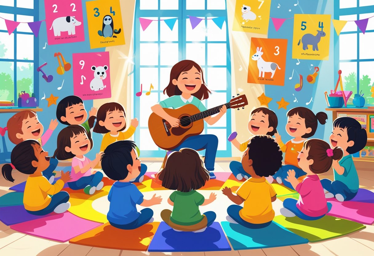 A group of young children sitting in a classroom singing with a teacher playing a guitar, surrounded by colourful decorations and musical instruments.
