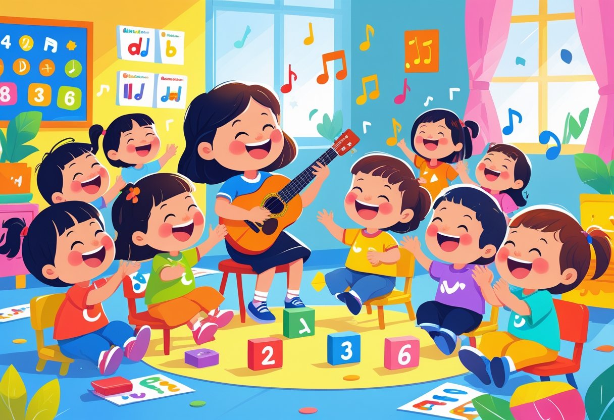 A group of preschool children happily singing with a teacher playing guitar in a colourful classroom surrounded by musical notes and educational symbols.