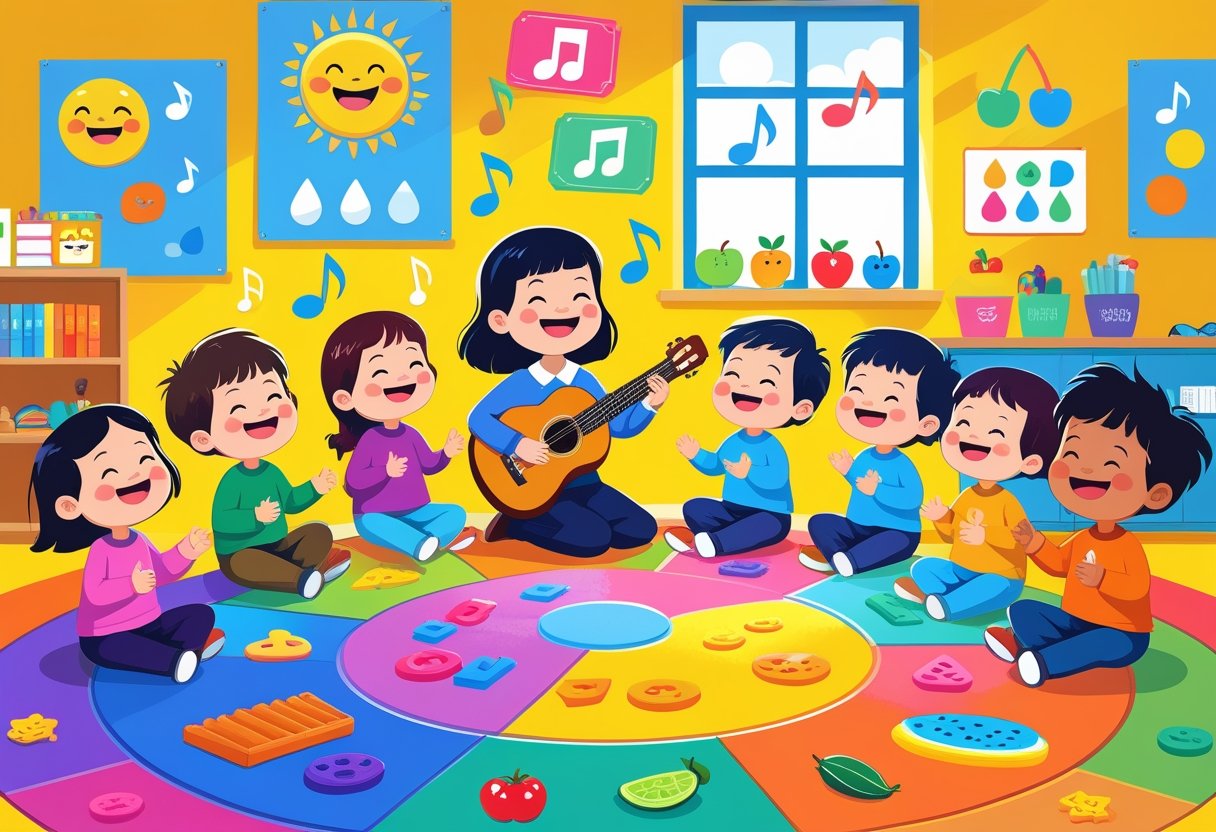 A group of preschool children sitting on a colourful rug singing with a teacher playing guitar, surrounded by musical notes and icons representing weather, numbers, animals, and healthy food songs in a bright classroom.