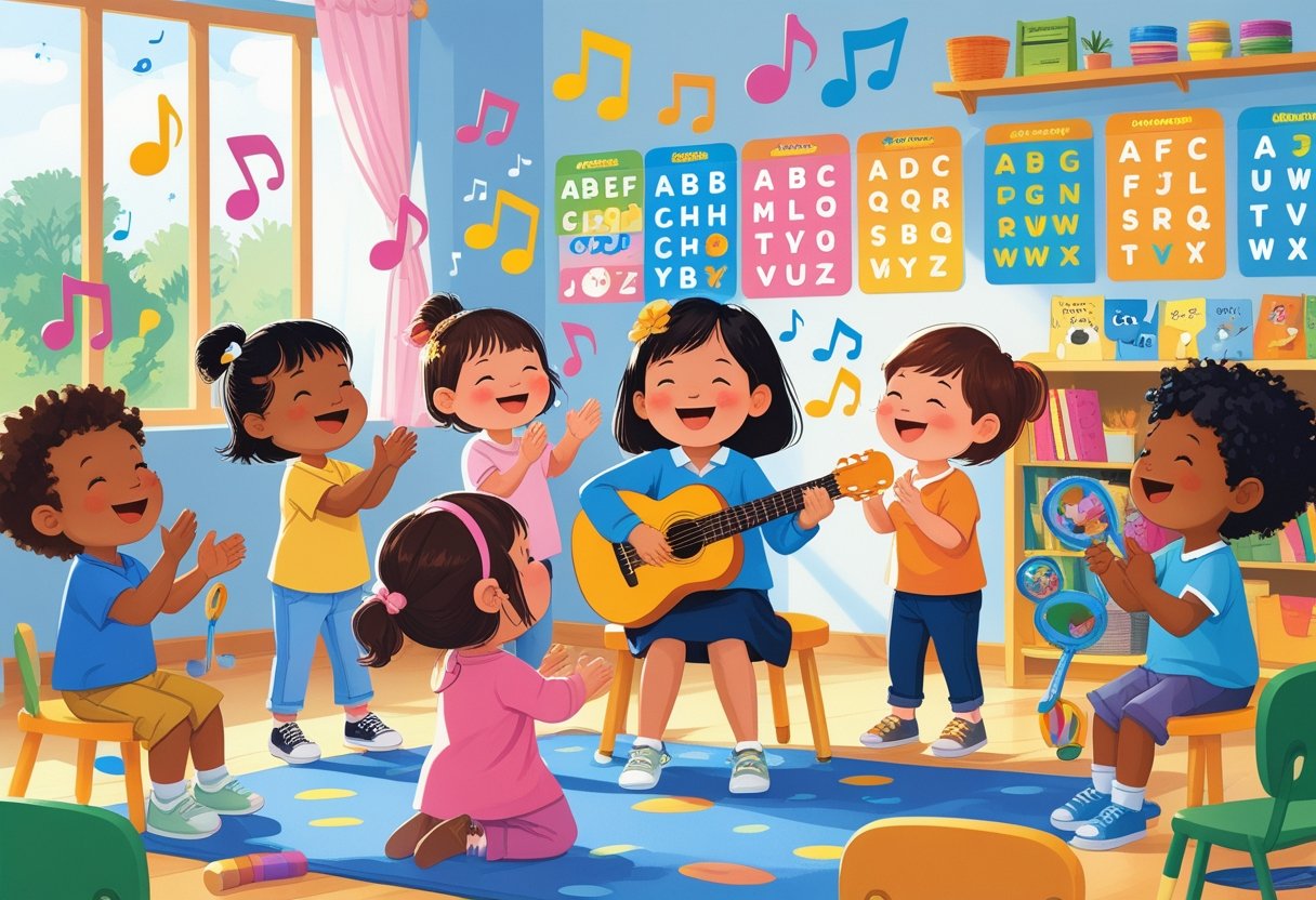 A group of preschool children singing and clapping with a teacher playing guitar in a colourful classroom with musical notes floating around.